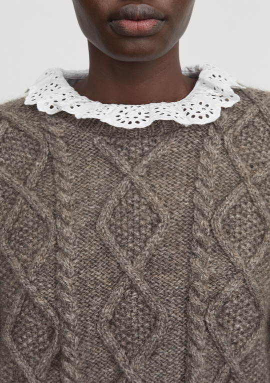 A model wears a wool jumper and white frilly collar 