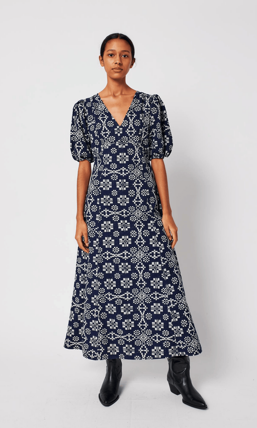 Bobo Choses • Kaleidoscope Pattern Evase V-Neck Dress • Blue/White