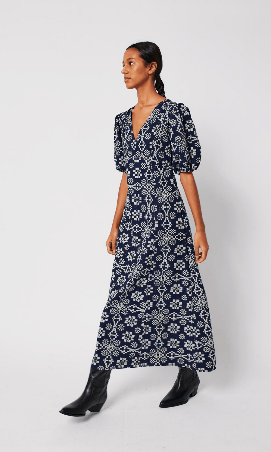 Bobo Choses • Kaleidoscope Pattern Evase V-Neck Dress • Blue/White