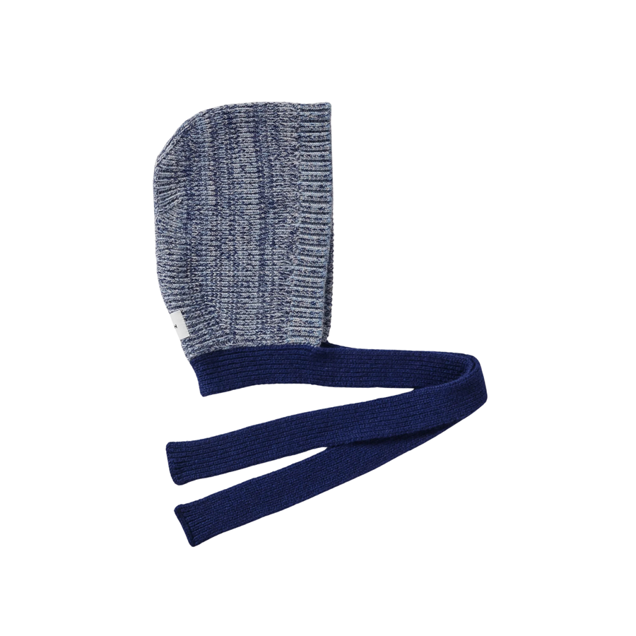 Clòimh • Marl Soft Wool Blocked Tied Hood • Soft Blue/Navy Marl