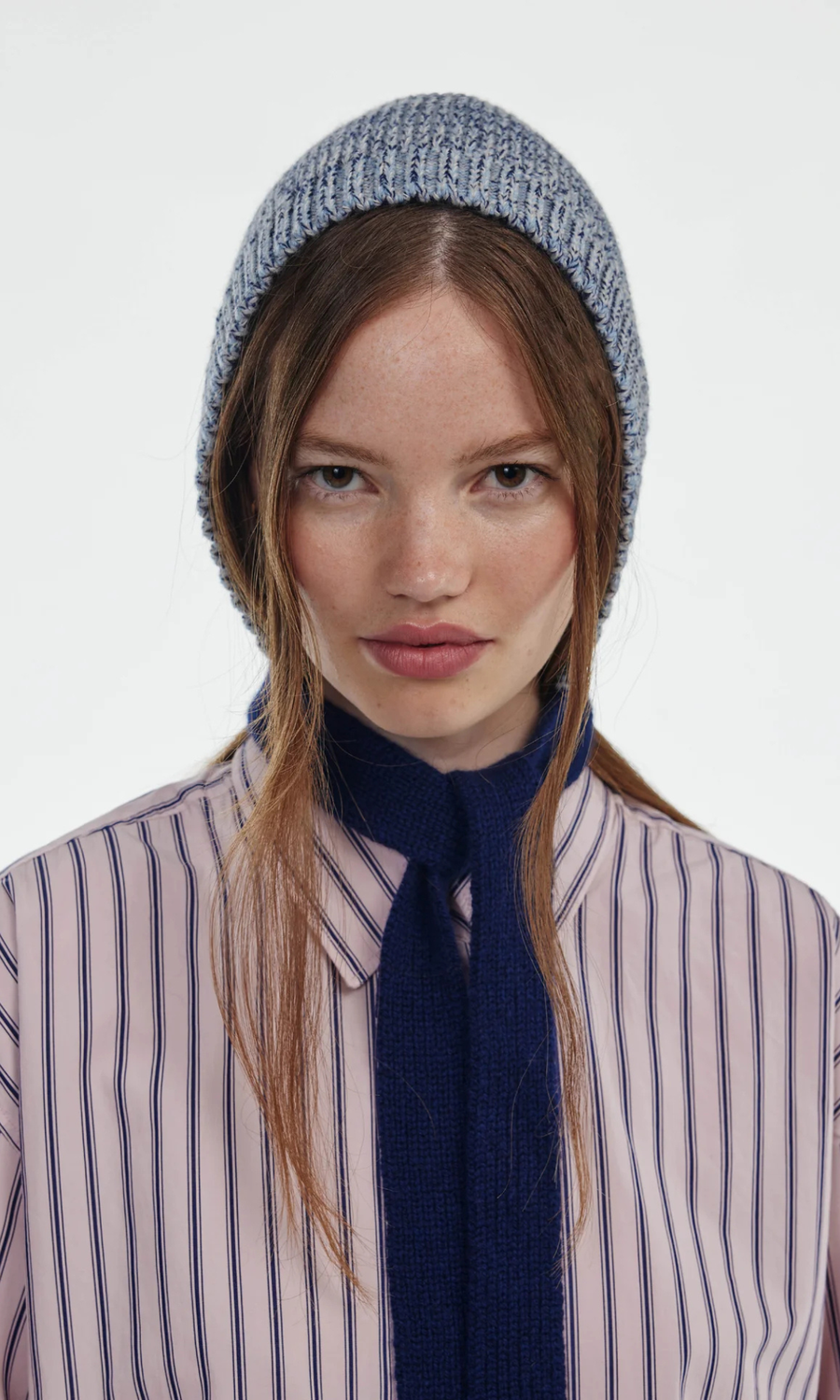 Clòimh • Marl Soft Wool Blocked Tied Hood • Soft Blue/Navy Marl