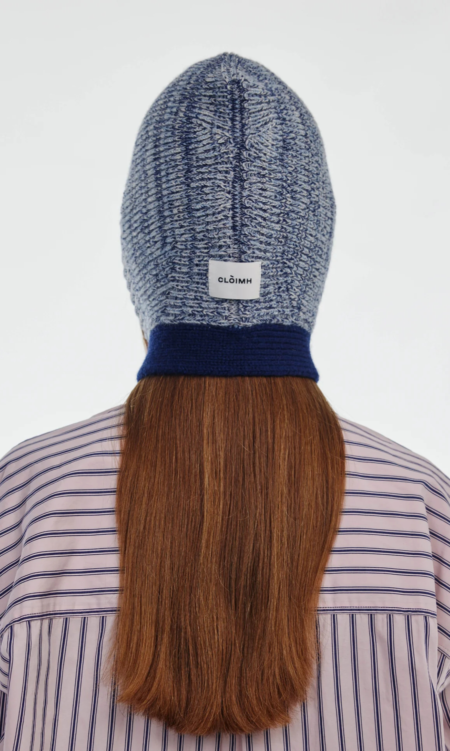 Clòimh • Marl Soft Wool Blocked Tied Hood • Soft Blue/Navy Marl
