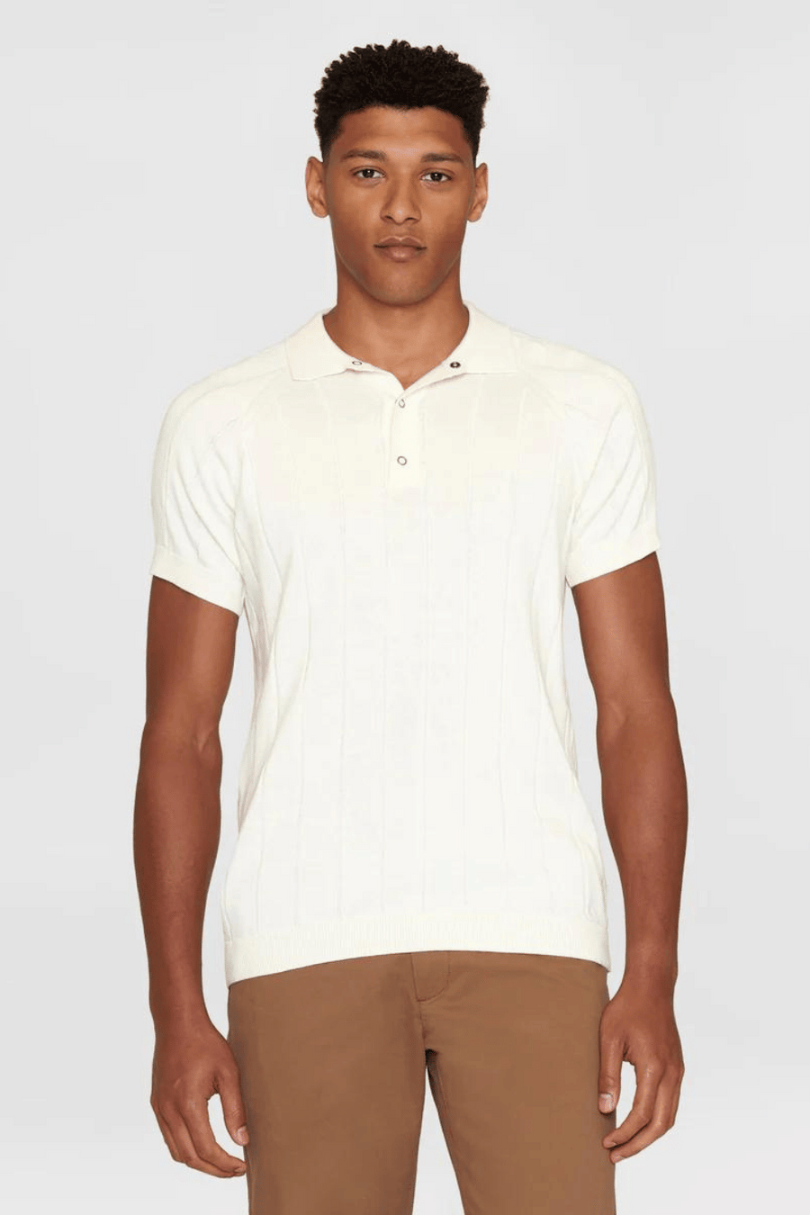 Knowledge Cotton • Knitted Polo • Egret Stripe