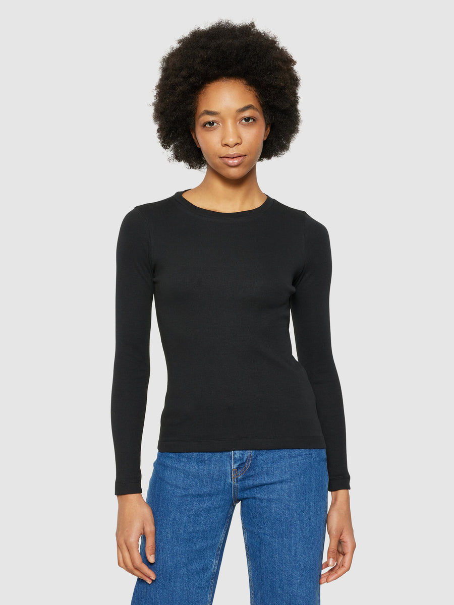 Knowledge Cotton • Rib Scoop Long Sleeve Top • Black Jet