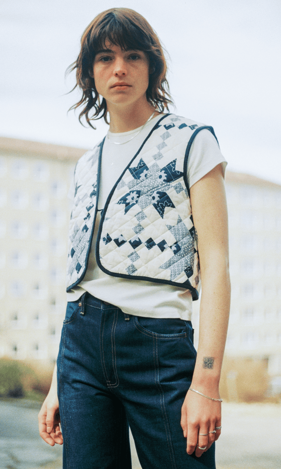 Nudie Jeans • Lili Quilted Cotton Vest • Off-White/Blue