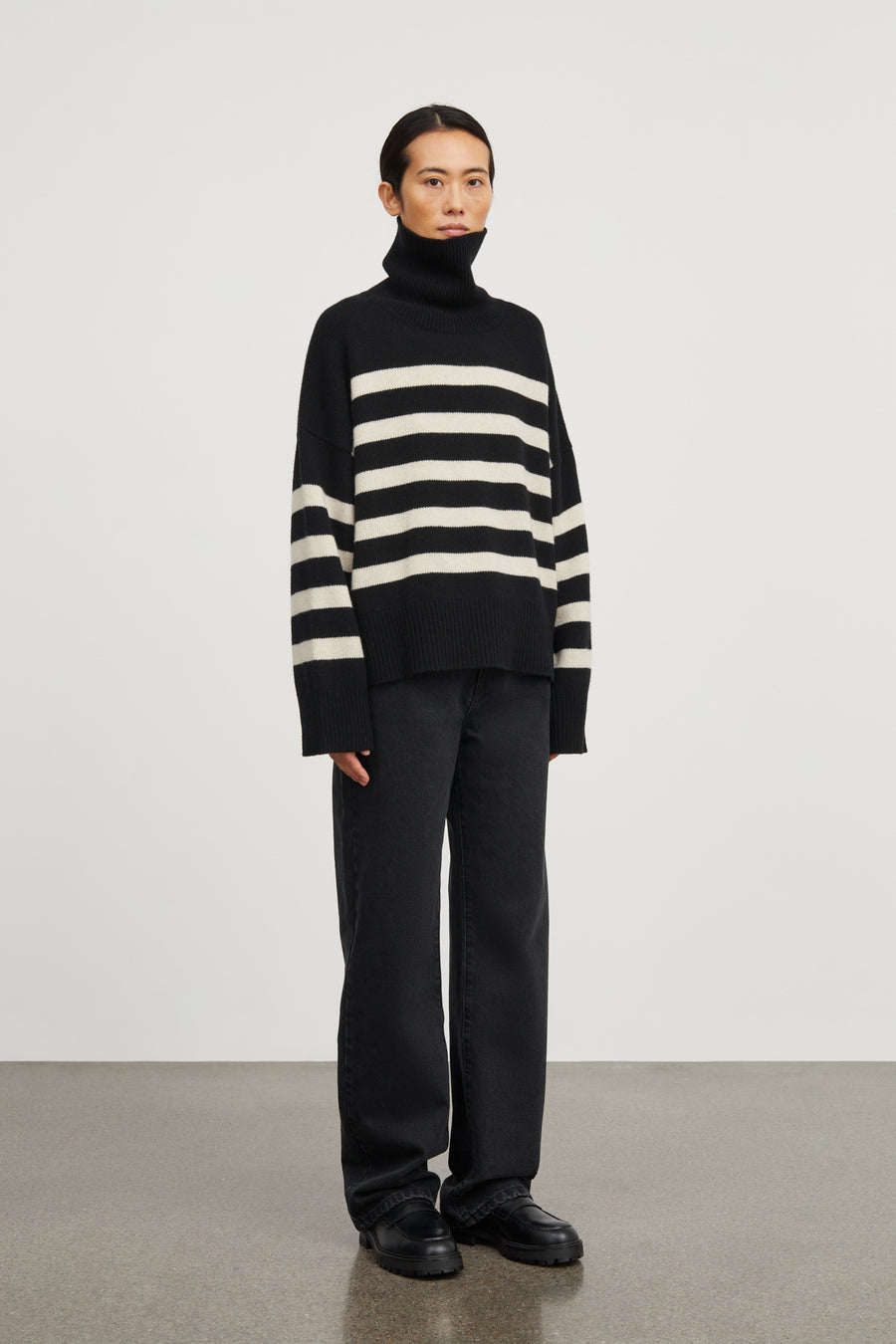 Skall Studio • Silene T-Neck Jumper • Black/Sand Stripe