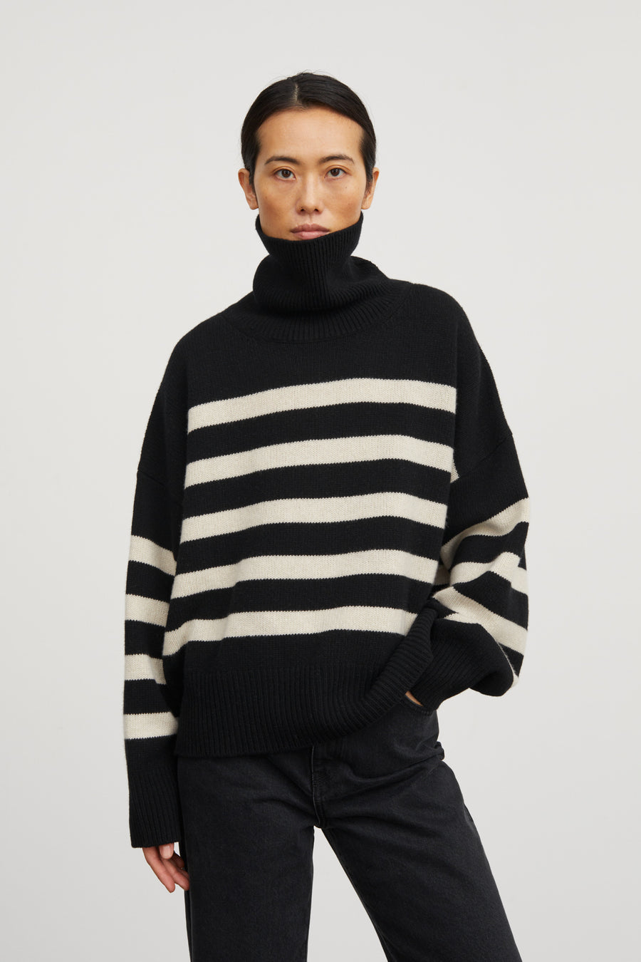 Skall Studio • Silene T-Neck Jumper • Black/Sand Stripe