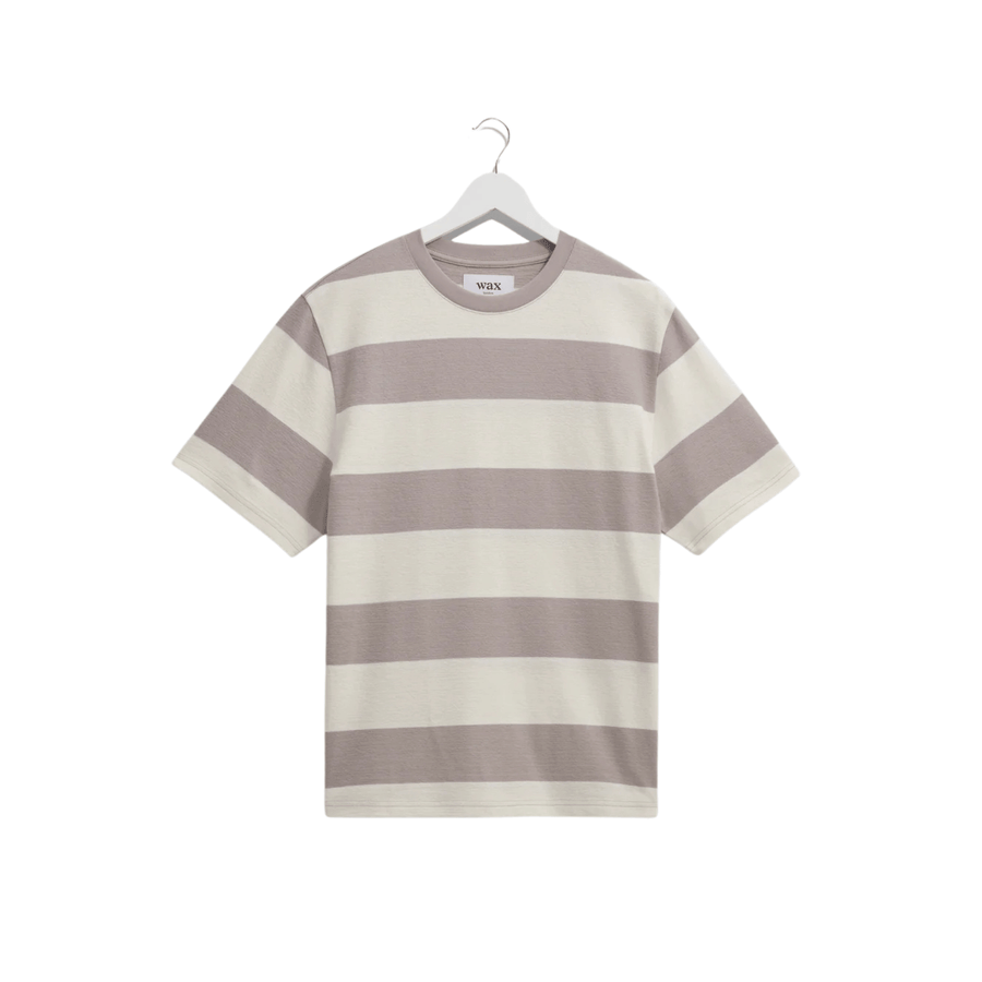 Wax London • Dean Tee • Taupe Grey/Ecru Block Stripe