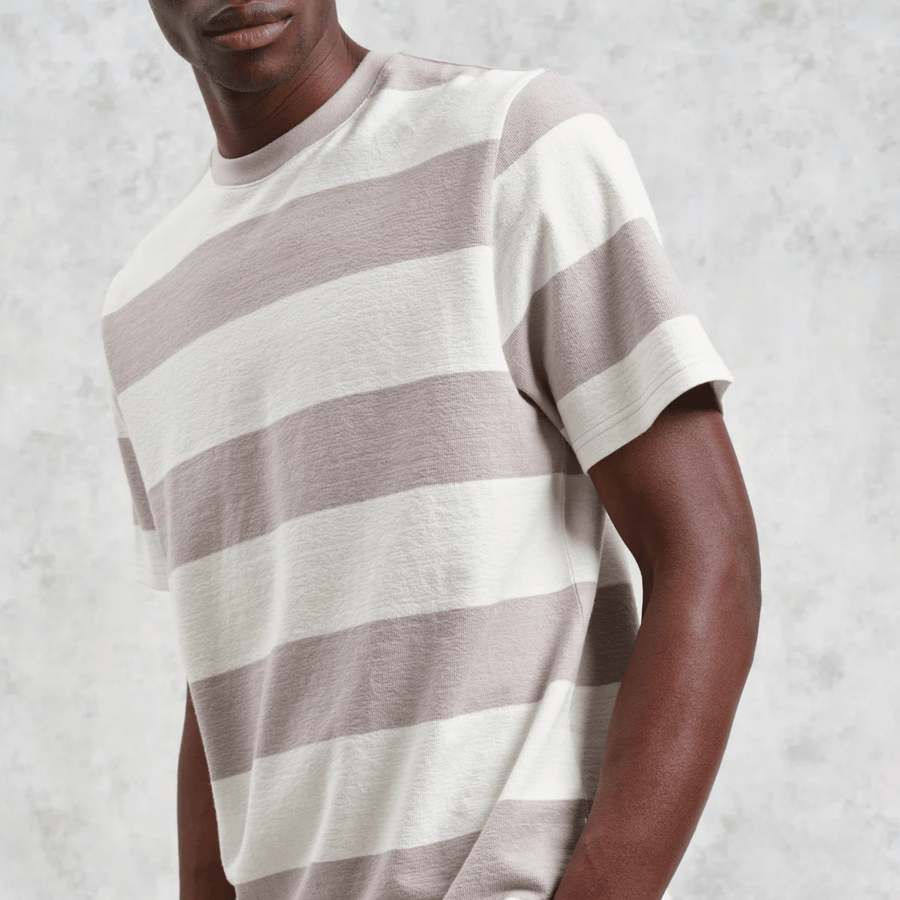 Wax London • Dean Tee • Taupe Grey/Ecru Block Stripe