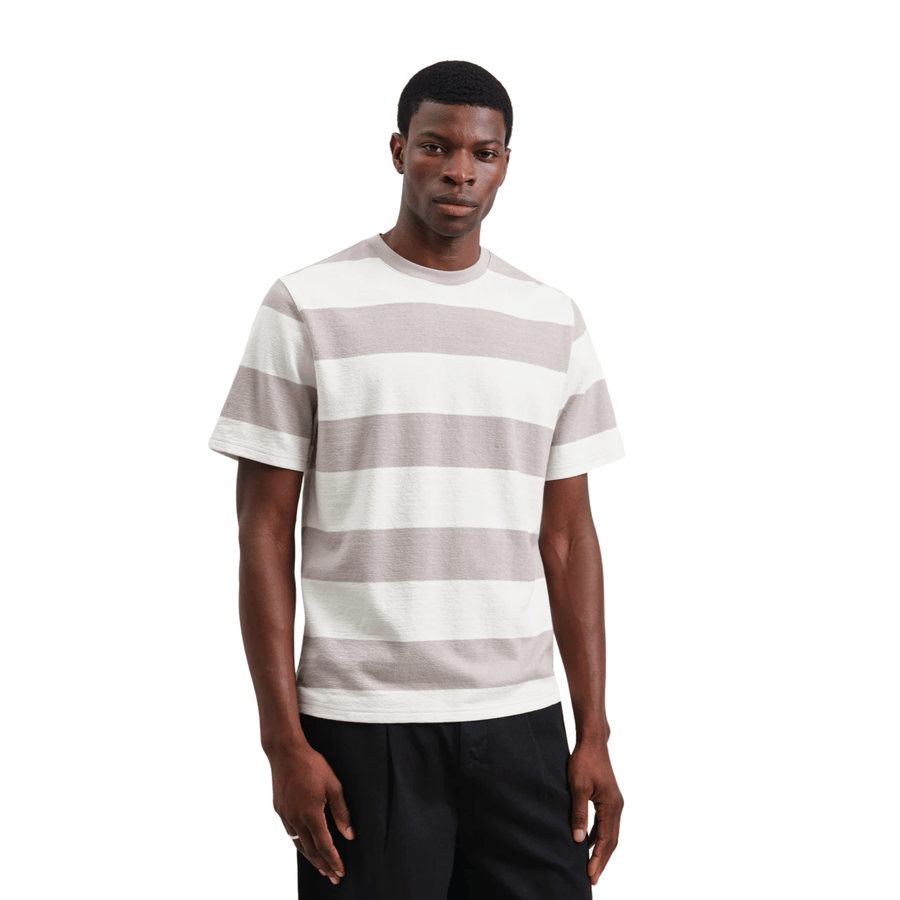 Wax London • Dean Tee • Taupe Grey/Ecru Block Stripe