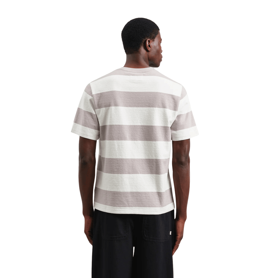 Wax London • Dean Tee • Taupe Grey/Ecru Block Stripe