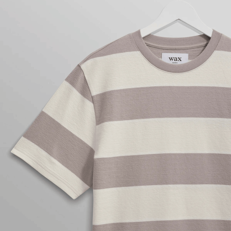 Wax London • Dean Tee • Taupe Grey/Ecru Block Stripe