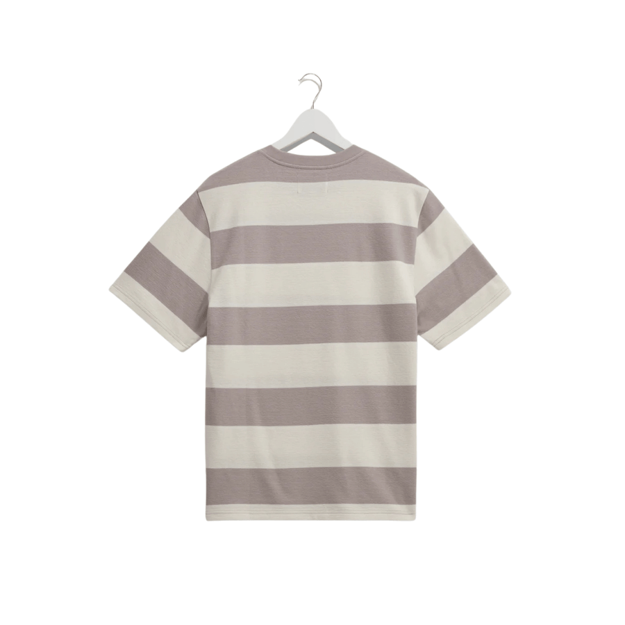 Wax London • Dean Tee • Taupe Grey/Ecru Block Stripe