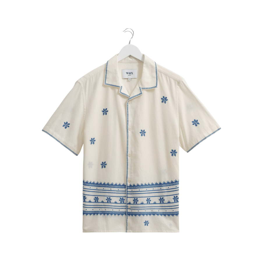 Wax London • Didcot Shirt • Daisy Embroidery Ecru/Blue