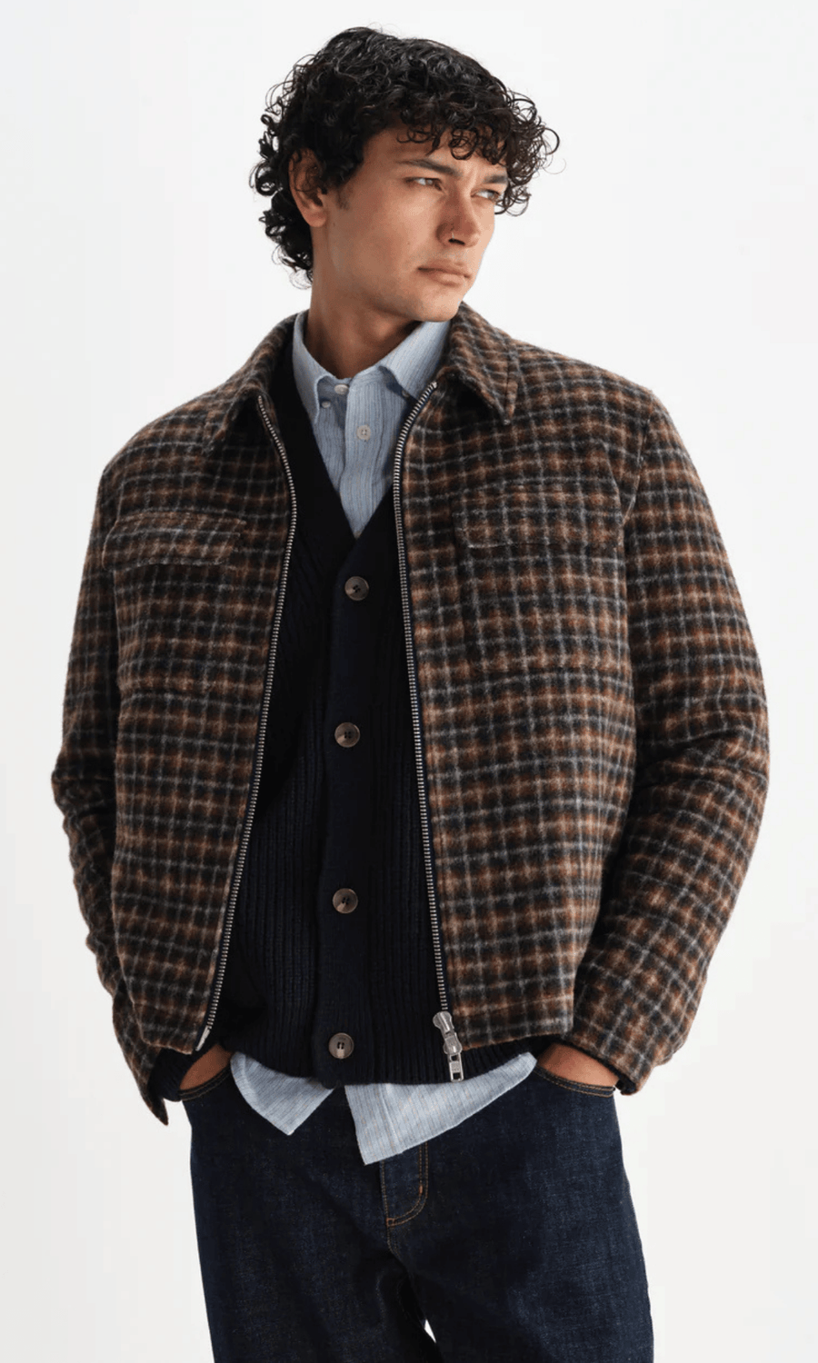 Wax London • Oiser Jacket • Navy/Brown Drawn Check