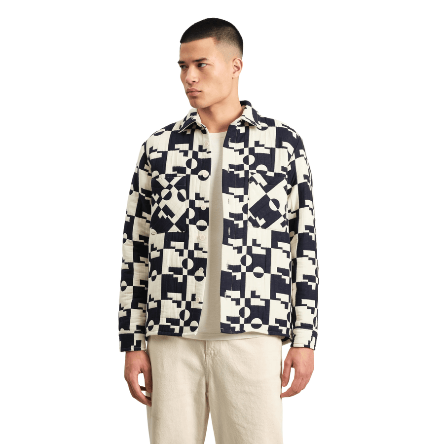 Wax London • Otto Overshirt • Navy/Ecru Jigsaw Quilt