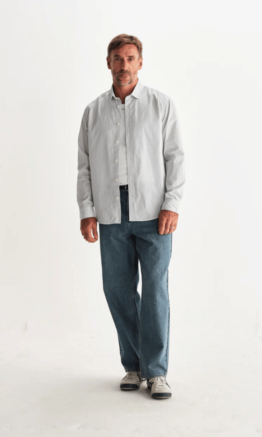 Wax London • Shelly Shirt • Ecru/Blue Poplin Fine Stripe