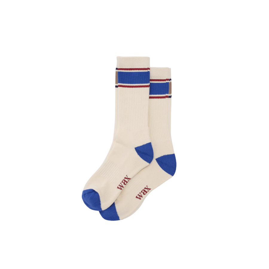 Wax London • Thorpe Sports Socks • Ecru/Blue Running Stripe