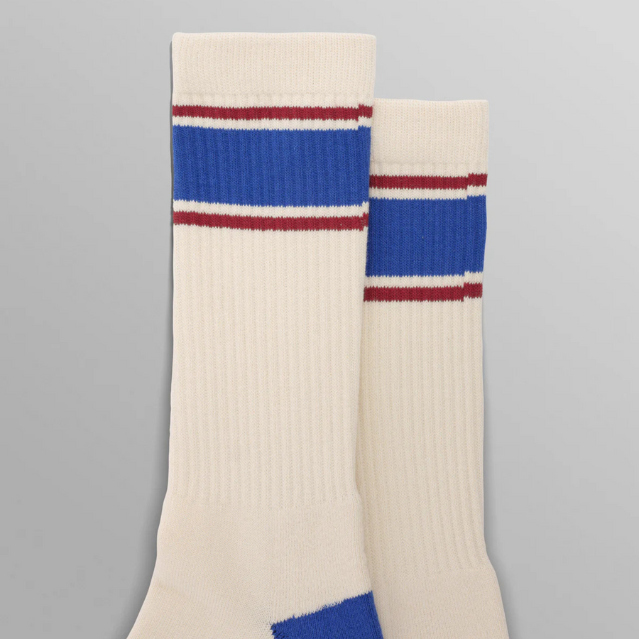 Wax London • Thorpe Sports Socks • Ecru/Blue Running Stripe