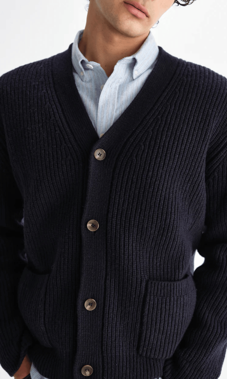 Wax London • Walker Cardigan • Navy Rib Stitch