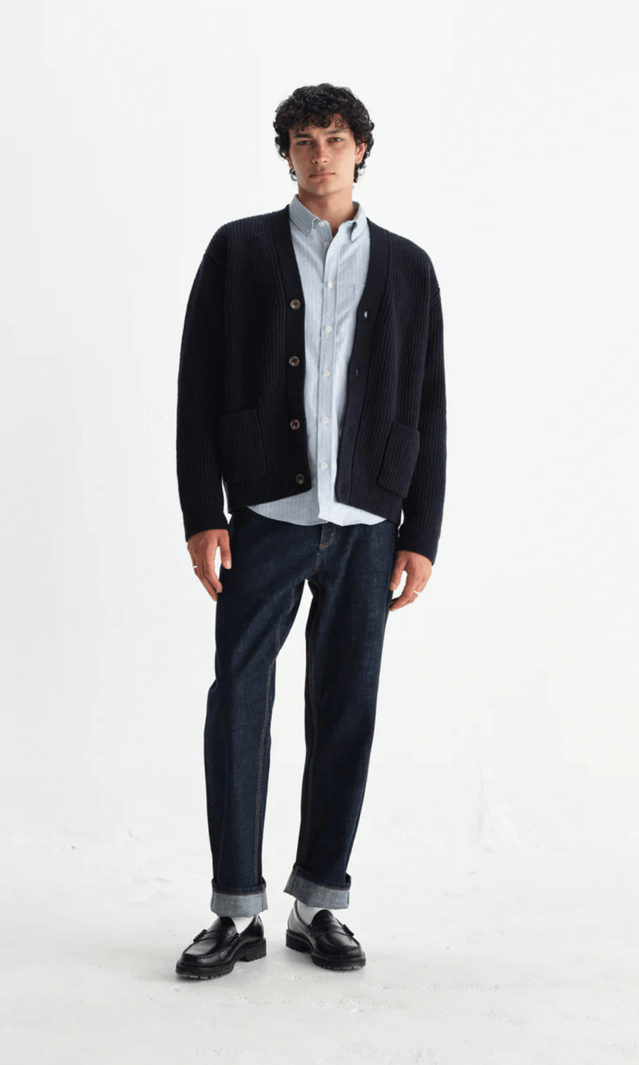 Wax London • Walker Cardigan • Navy Rib Stitch