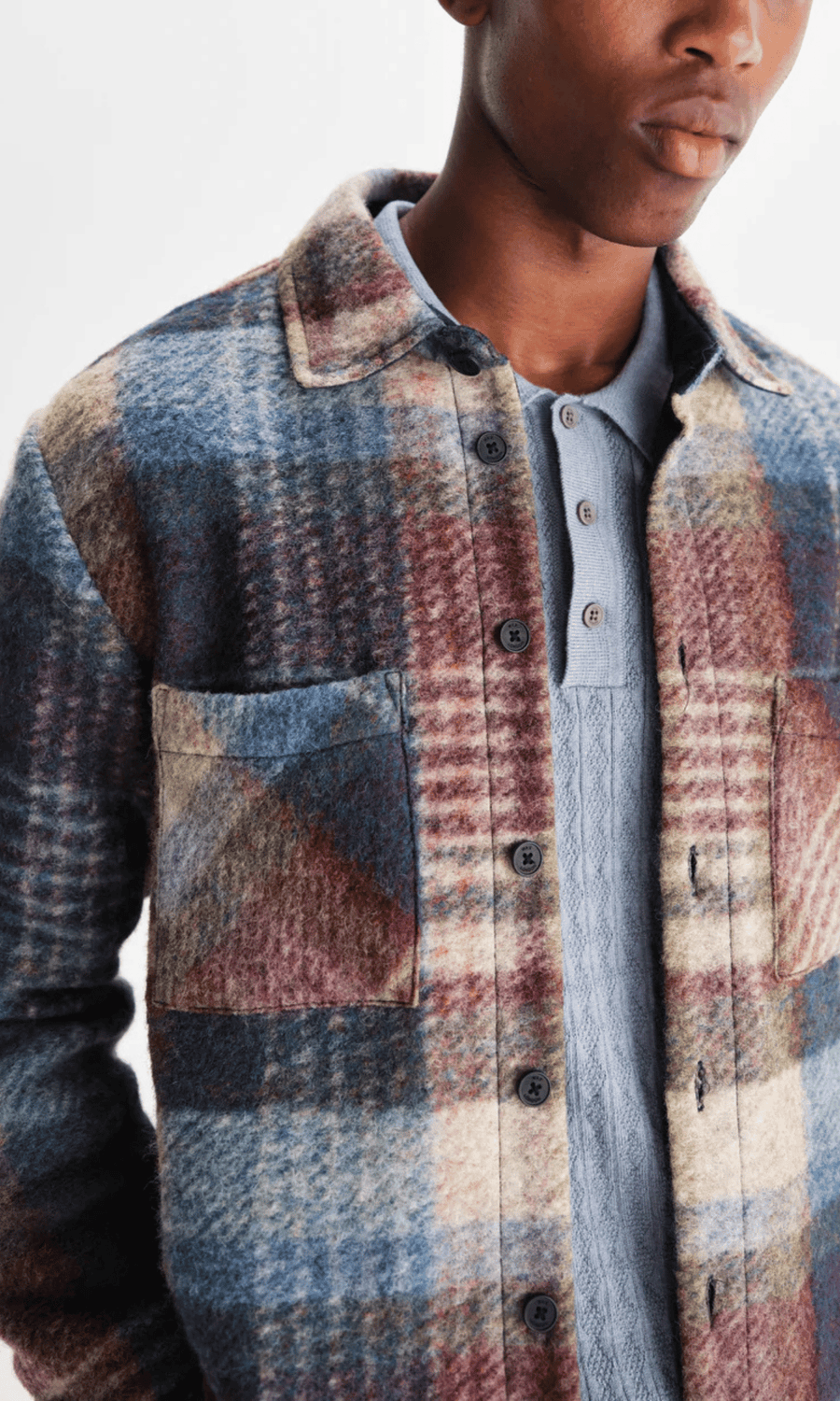 Wax London • Whiting Overshirt • Blue/Multi Wool Blend Check