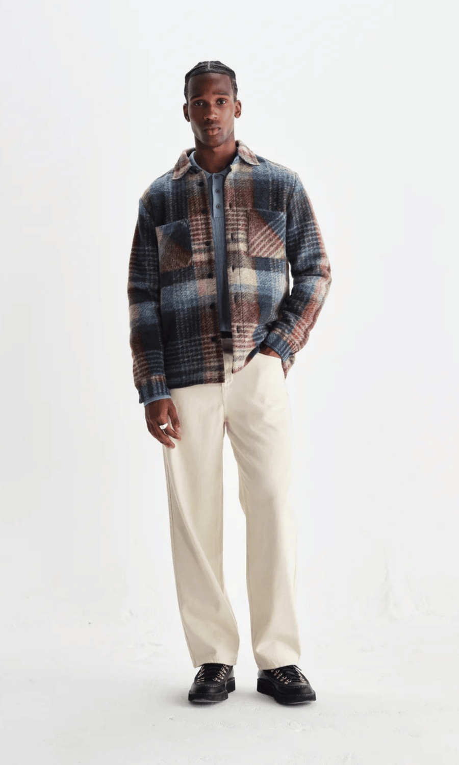 Wax London • Whiting Overshirt • Blue/Multi Wool Blend Check