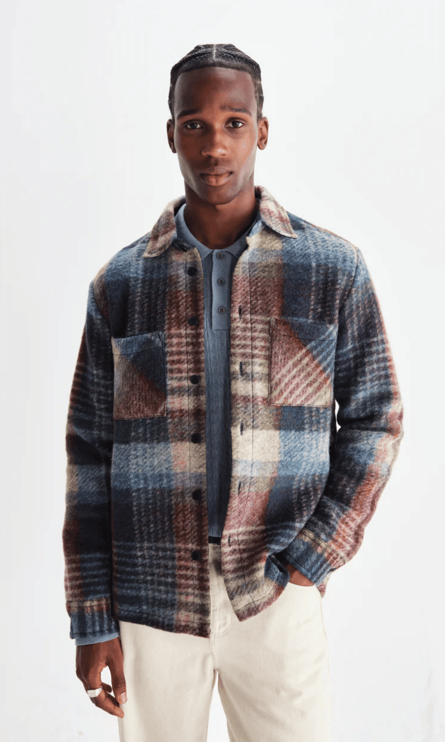 Wax London • Whiting Overshirt • Blue/Multi Wool Blend Check