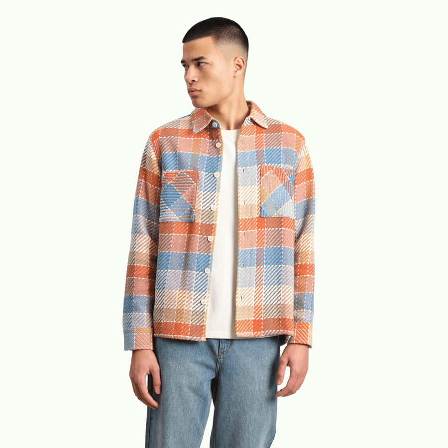 Wax London • Whiting Overshirt • Orange/Blue Pike Check